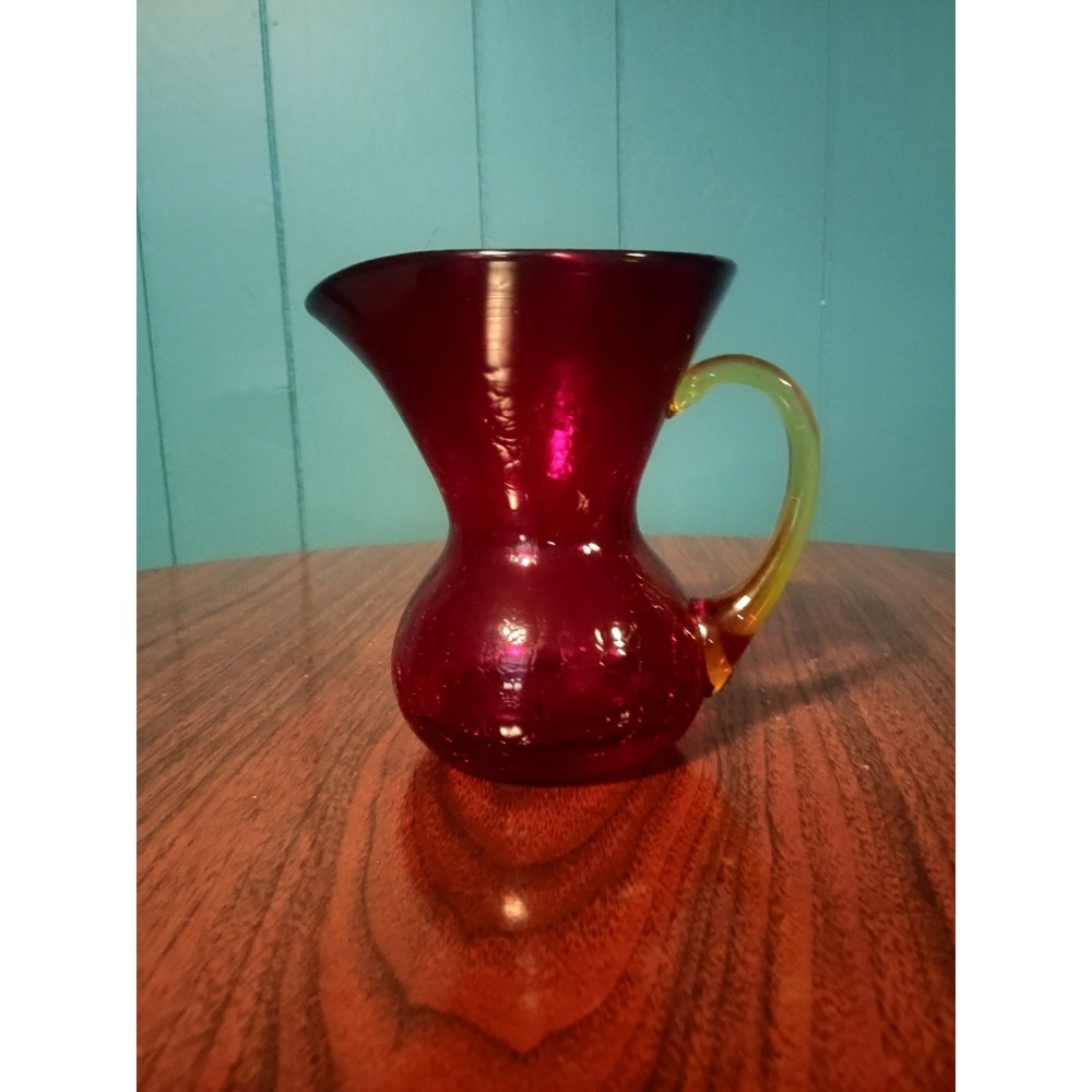 Hand-blown Amberina Crackle Glass Pitcher by Blenko Mid Century Modern 6 inches